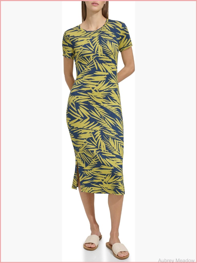 Short Sleeve Printed Midi Dress With Slits Crew Neck Sheath Pull On